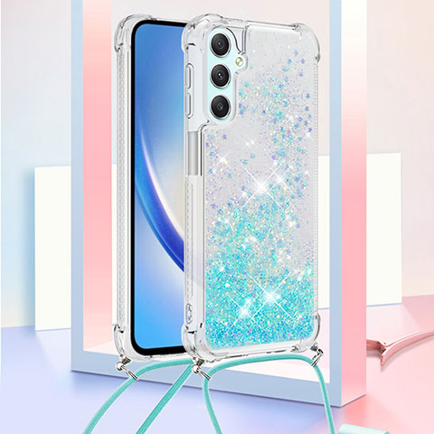 Custodia Silicone Cover Morbida Bling-Bling con Cinghia Cordino Mano YB3 per Samsung Galaxy A24 4G Cielo Blu