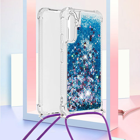 Custodia Silicone Cover Morbida Bling-Bling con Cinghia Cordino Mano YB3 per Samsung Galaxy A34 5G Blu