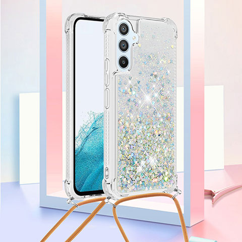 Custodia Silicone Cover Morbida Bling-Bling con Cinghia Cordino Mano YB3 per Samsung Galaxy A54 5G Azzurro