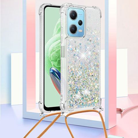 Custodia Silicone Cover Morbida Bling-Bling con Cinghia Cordino Mano YB3 per Xiaomi Poco X5 5G Cielo Blu