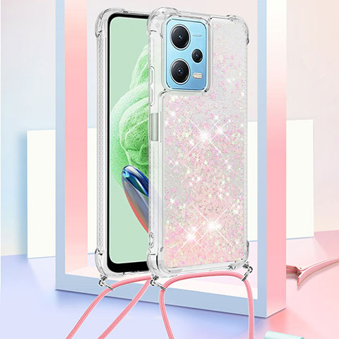 Custodia Silicone Cover Morbida Bling-Bling con Cinghia Cordino Mano YB3 per Xiaomi Poco X5 5G Oro Rosa