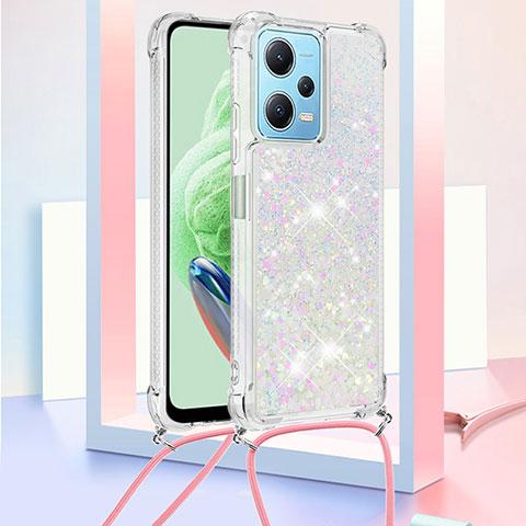 Custodia Silicone Cover Morbida Bling-Bling con Cinghia Cordino Mano YB3 per Xiaomi Redmi Note 12 5G Argento