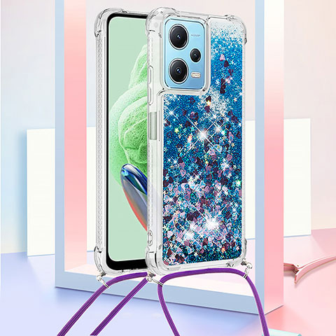 Custodia Silicone Cover Morbida Bling-Bling con Cinghia Cordino Mano YB3 per Xiaomi Redmi Note 12 5G Blu