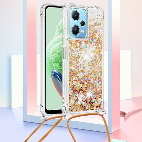 Custodia Silicone Cover Morbida Bling-Bling con Cinghia Cordino Mano YB3 per Xiaomi Redmi Note 12 5G Oro