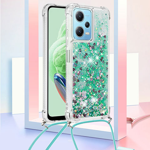 Custodia Silicone Cover Morbida Bling-Bling con Cinghia Cordino Mano YB3 per Xiaomi Redmi Note 12 5G Verde