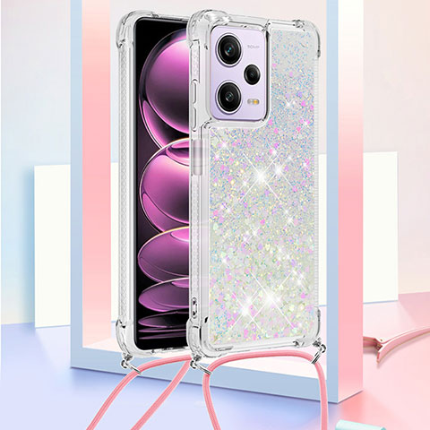 Custodia Silicone Cover Morbida Bling-Bling con Cinghia Cordino Mano YB3 per Xiaomi Redmi Note 12 Pro 5G Argento