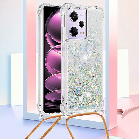 Custodia Silicone Cover Morbida Bling-Bling con Cinghia Cordino Mano YB3 per Xiaomi Redmi Note 12 Pro 5G Azzurro