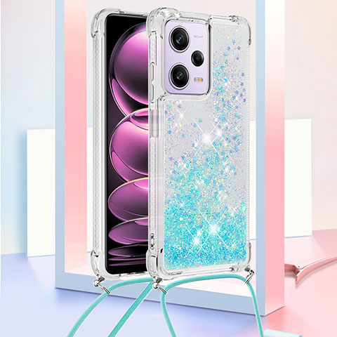 Custodia Silicone Cover Morbida Bling-Bling con Cinghia Cordino Mano YB3 per Xiaomi Redmi Note 12 Pro 5G Cielo Blu