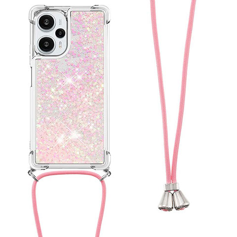 Custodia Silicone Cover Morbida Bling-Bling con Cinghia Cordino Mano YB3 per Xiaomi Redmi Note 12 Turbo 5G Oro Rosa