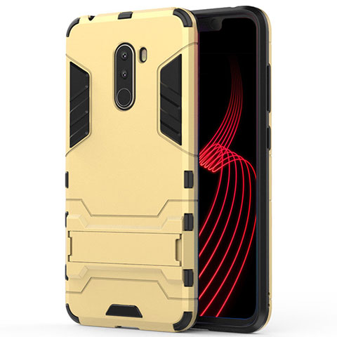 Custodia Silicone e Plastica Opaca con Supporto W01 per Xiaomi Pocophone F1 Oro