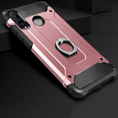 Custodia Silicone e Plastica Opaca Cover con Anello Supporto H01 per Huawei Nova 4e Oro Rosa