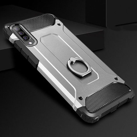Custodia Silicone e Plastica Opaca Cover con Anello Supporto H01 per Samsung Galaxy A70S Argento