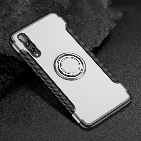 Custodia Silicone e Plastica Opaca Cover con Anello Supporto per Huawei P20 Pro Bianco