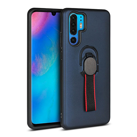 Custodia Silicone e Plastica Opaca Cover con Anello Supporto per Huawei P30 Pro Blu