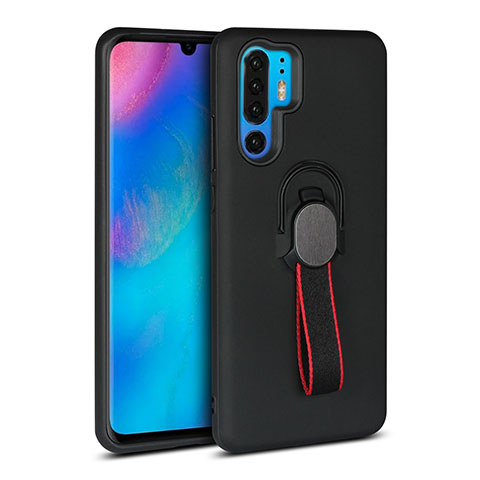 Custodia Silicone e Plastica Opaca Cover con Anello Supporto per Huawei P30 Pro Nero