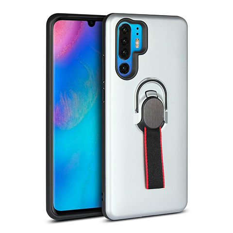 Custodia Silicone e Plastica Opaca Cover con Anello Supporto per Huawei P30 Pro New Edition Argento