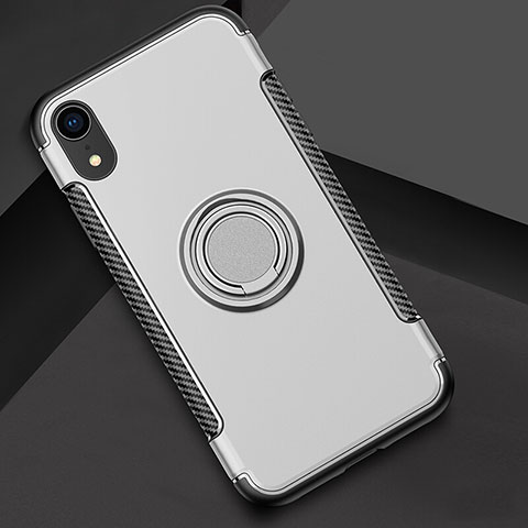 Custodia Silicone e Plastica Opaca Cover con Anello Supporto S01 per Apple iPhone XR Argento