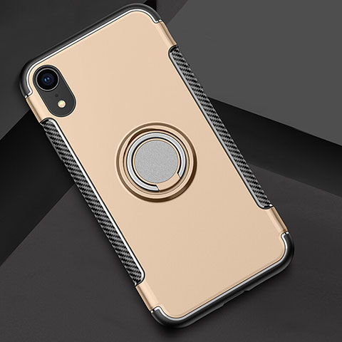 Custodia Silicone e Plastica Opaca Cover con Anello Supporto S01 per Apple iPhone XR Oro