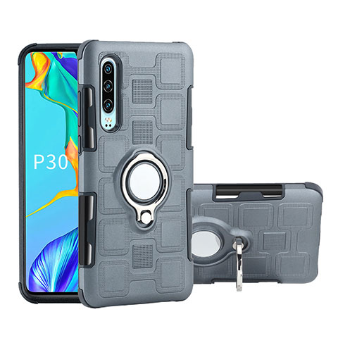 Custodia Silicone e Plastica Opaca Cover con Anello Supporto S01 per Huawei P30 Grigio