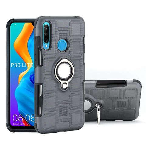 Custodia Silicone e Plastica Opaca Cover con Magnetico Anello Supporto A01 per Huawei Nova 4e Grigio