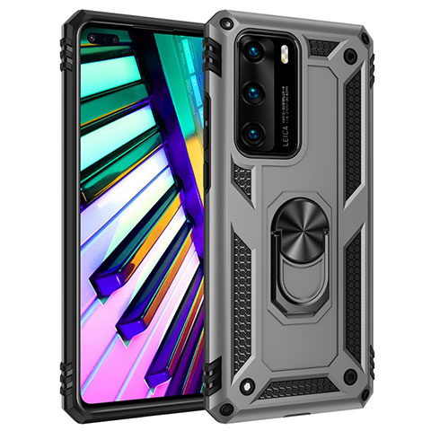 Custodia Silicone e Plastica Opaca Cover con Magnetico Anello Supporto C01 per Huawei P40 Argento