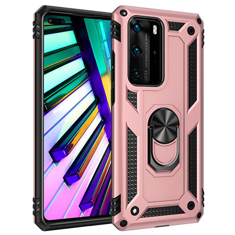 Custodia Silicone e Plastica Opaca Cover con Magnetico Anello Supporto C01 per Huawei P40 Pro Oro Rosa