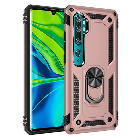 Custodia Silicone e Plastica Opaca Cover con Magnetico Anello Supporto D01 per Xiaomi Mi Note 10 Oro Rosa