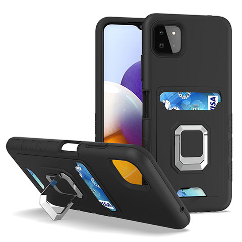 Custodia Silicone e Plastica Opaca Cover con Magnetico Anello Supporto J01S per Samsung Galaxy A22 5G Nero