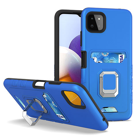 Custodia Silicone e Plastica Opaca Cover con Magnetico Anello Supporto J01S per Samsung Galaxy F42 5G Blu