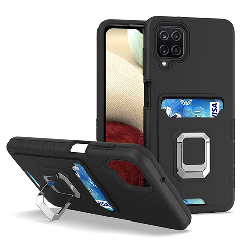 Custodia Silicone e Plastica Opaca Cover con Magnetico Anello Supporto J01S per Samsung Galaxy M12 Nero