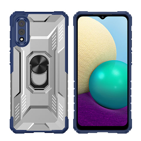 Custodia Silicone e Plastica Opaca Cover con Magnetico Anello Supporto J02S per Samsung Galaxy A02 Blu