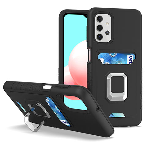 Custodia Silicone e Plastica Opaca Cover con Magnetico Anello Supporto J03S per Samsung Galaxy A32 4G Nero