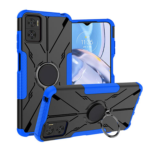 Custodia Silicone e Plastica Opaca Cover con Magnetico Anello Supporto JX1 per Motorola Moto E22i Blu