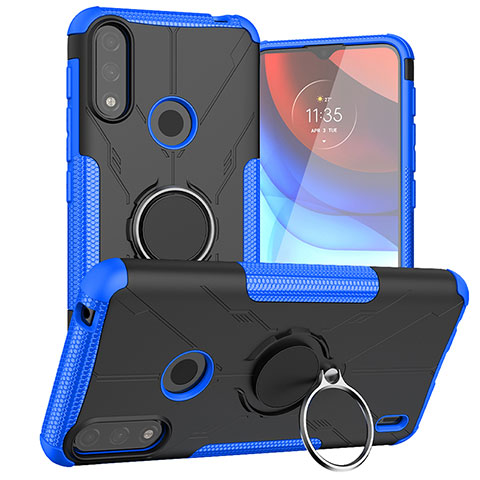 Custodia Silicone e Plastica Opaca Cover con Magnetico Anello Supporto JX1 per Motorola Moto E7 Power Blu