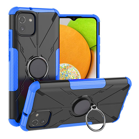Custodia Silicone e Plastica Opaca Cover con Magnetico Anello Supporto JX1 per Samsung Galaxy A03 Blu