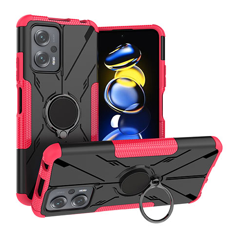 Custodia Silicone e Plastica Opaca Cover con Magnetico Anello Supporto JX1 per Xiaomi Redmi Note 11T Pro+ Plus 5G Rosa Caldo
