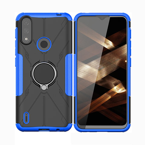 Custodia Silicone e Plastica Opaca Cover con Magnetico Anello Supporto JX2 per Motorola Moto E7 Power Blu