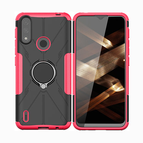 Custodia Silicone e Plastica Opaca Cover con Magnetico Anello Supporto JX2 per Motorola Moto E7 Power Rosa Caldo