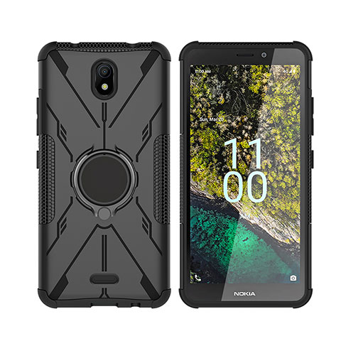 Custodia Silicone e Plastica Opaca Cover con Magnetico Anello Supporto JX2 per Nokia C100 Nero