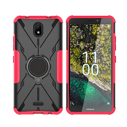 Custodia Silicone e Plastica Opaca Cover con Magnetico Anello Supporto JX2 per Nokia C100 Rosa Caldo