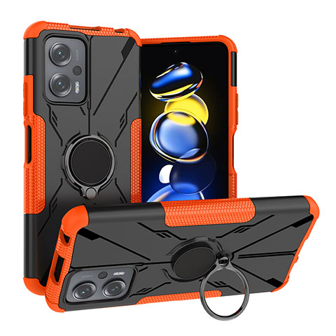 Custodia Silicone e Plastica Opaca Cover con Magnetico Anello Supporto JX2 per Xiaomi Redmi Note 11T Pro+ Plus 5G Arancione