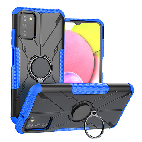 Custodia Silicone e Plastica Opaca Cover con Magnetico Anello Supporto JX3 per Samsung Galaxy F02S SM-E025F Blu