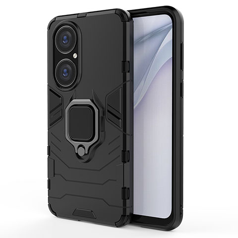 Custodia Silicone e Plastica Opaca Cover con Magnetico Anello Supporto KC1 per Huawei P50 Nero