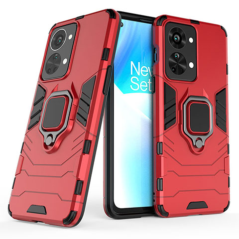 Custodia Silicone e Plastica Opaca Cover con Magnetico Anello Supporto KC1 per OnePlus Nord 2T 5G Rosso