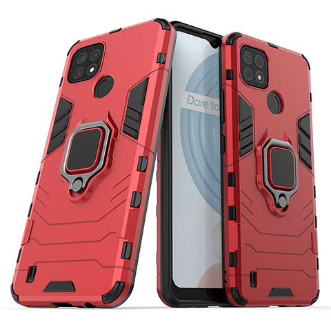 Custodia Silicone e Plastica Opaca Cover con Magnetico Anello Supporto KC1 per Realme C21 Rosso