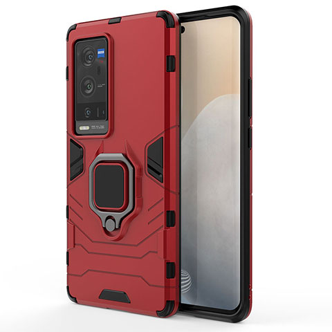 Custodia Silicone e Plastica Opaca Cover con Magnetico Anello Supporto KC1 per Vivo X60 Pro+ Plus 5G Rosso