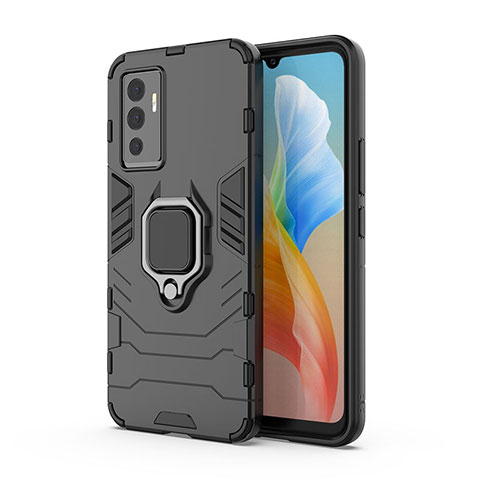 Custodia Silicone e Plastica Opaca Cover con Magnetico Anello Supporto KC1 per Vivo Y75 4G Nero