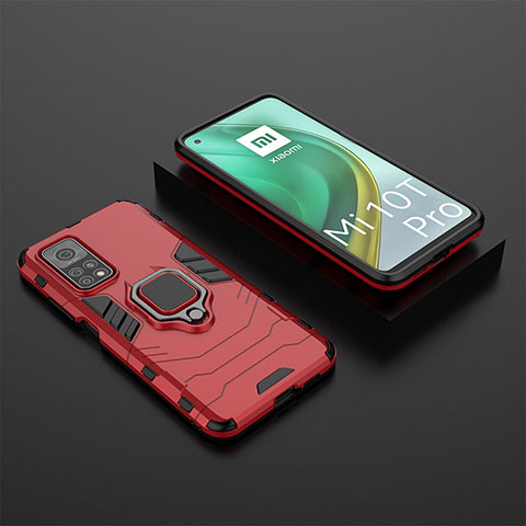 Custodia Silicone e Plastica Opaca Cover con Magnetico Anello Supporto KC1 per Xiaomi Mi 10T 5G Rosso