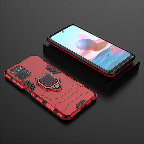 Custodia Silicone e Plastica Opaca Cover con Magnetico Anello Supporto KC1 per Xiaomi Redmi Note 10 4G Rosso