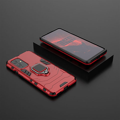 Custodia Silicone e Plastica Opaca Cover con Magnetico Anello Supporto KC2 per OnePlus 9 5G Rosso